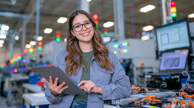 A female battery plant technician standing at a quality inspection workstation, holding a tablet and examining freshly assembled lithium battery modules, subtle indicator lights and automated testin