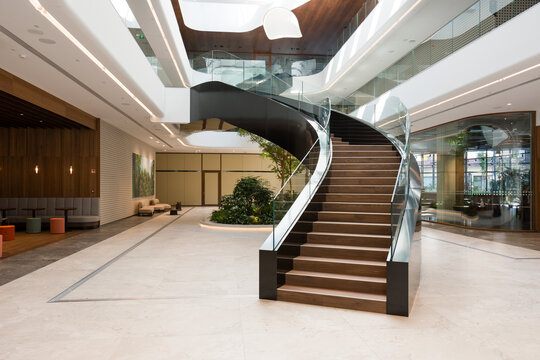 Stairs in a Modern Building With Glass and Wood Design