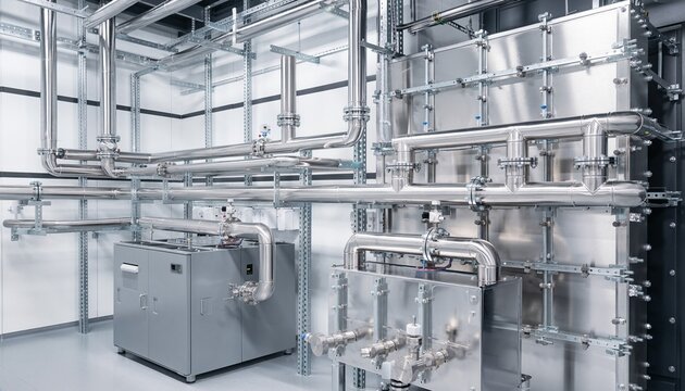 Enterprise AI data center mechanical room featuring coolant distribution units and strictly parallel stainless steel circulation pipes