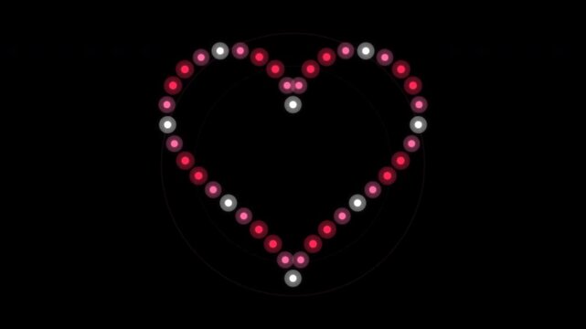 Glowing red and white hearts made of dots on a black background