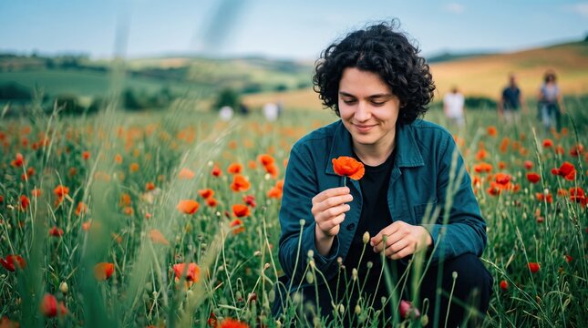 Young Adult Examines Wildflower in Poppy Meadow With Bright Colors