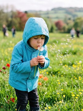 Child Blowing a Dandelion and Watching the Seeds Scatter in a Field