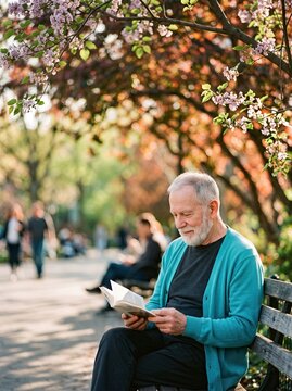 Man Reading a Book on a Park Bench Surrounded by Blooming Trees