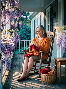 Woman Knitting on Porch Surrounded by Blooming Flowers