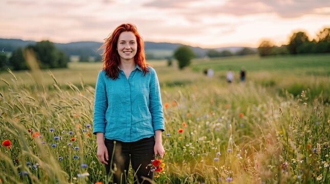 Young Adult Holding Flower Standing in Wild Meadow at Sunset