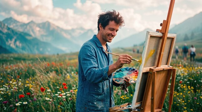 Artist Paints in Alpine Meadow With Colorful Flowers and Mountains