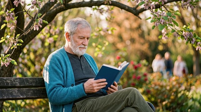 Elderly Man Reads a Book Under a Blossoming Tree in Spring