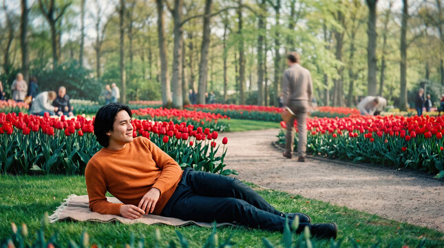 Person Resting on a Blanket in Tulip Garden Surrounded by Flowers