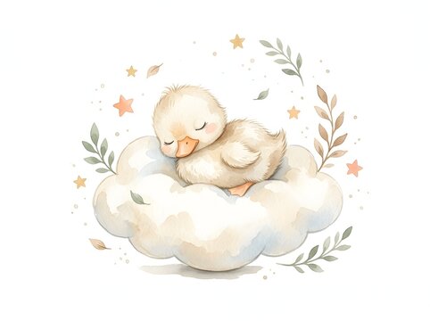 Charming watercolor illustration featuring an adorable little baby duck sleeping peacefully on a fluffy cloud surrounded by tiny stars and soft botani