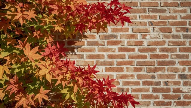 A brick wall covered in red and green leaves