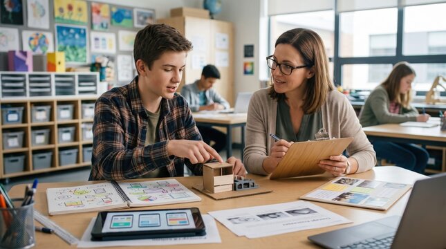 Teen student presents completed projects to a teacher during portfolio assessment, illustrating creativity, applied skills, learning evidence and alternative evaluation methods.