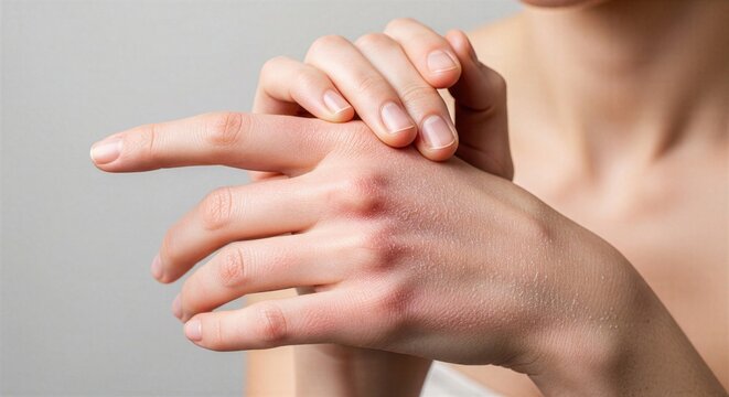 Dry red weather-damaged hands of young woman show compromised skin barrier, visible flaking, rough texture and realistic cold-induced sensitivity for dermocosmetic care.