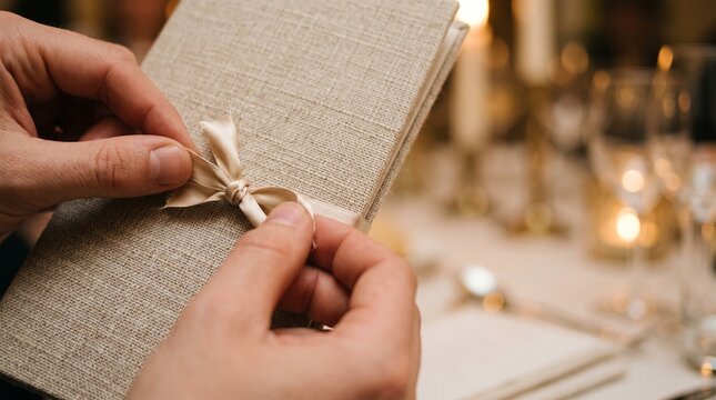 Close up of hands tying a ribbon bow on a textured linen covered notebook or menu at a formal dinner setting