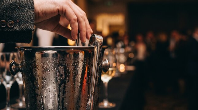 Close up of a hand reaching for ice tongs in a condensation covered champagne bucket at a formal event