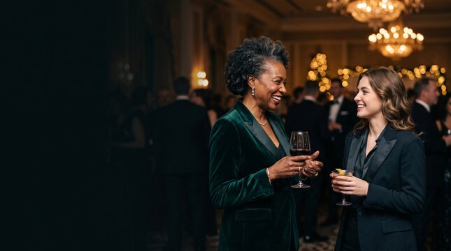 Two elegant women in formal attire enjoying drinks and conversation at a sophisticated evening gala event