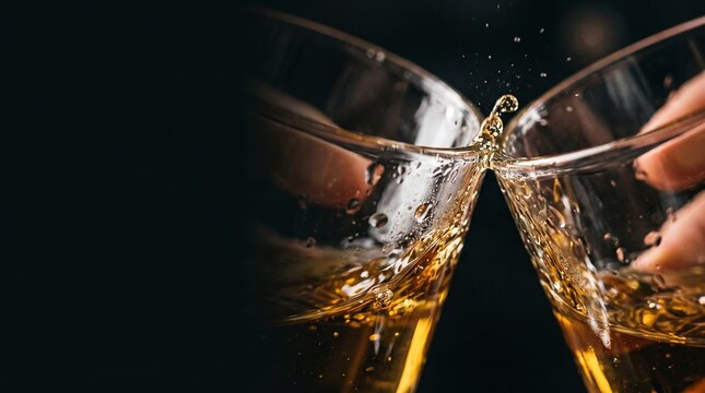 Two glasses of amber liquid clinking together creating a splash with droplets and bubbles against a dark background