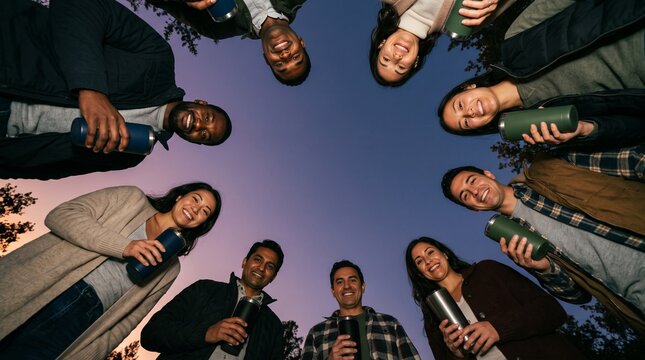 Diverse group of friends holding reusable water bottles in a circle outdoors at dusk
