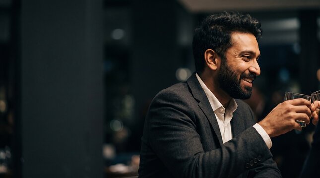 Smiling businessman in suit toasting with drink in a dimly lit upscale bar or restaurant
