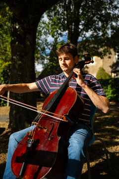 Playing cello beneath the trees