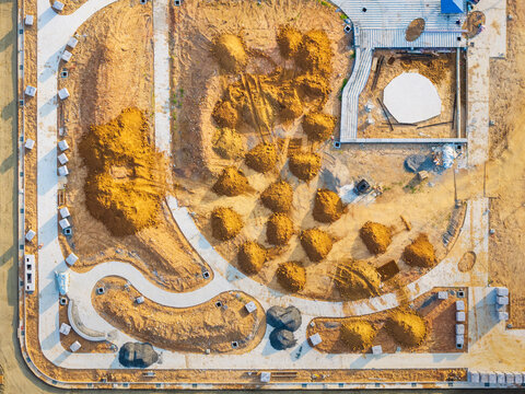 Aerial Construction Site Soil Piles Paths