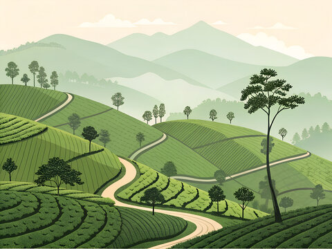  Kerala Munnar tea plantation with layered green hills and winding paths, minimal vector illustration