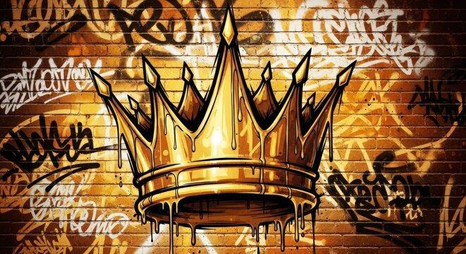Golden crown graffiti art on textured brick wall with dripping paint effect
