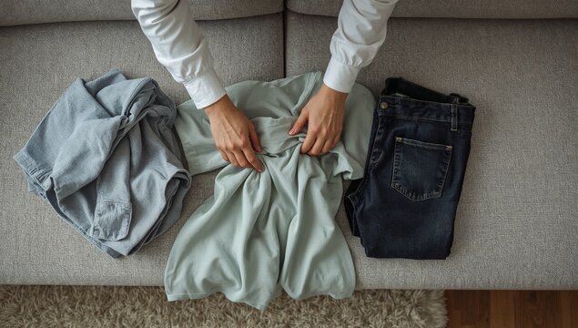 A person sitting on a couch holding a pair of jeans, a relatable scene