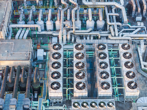 Aerial View of Semiconductor Plant Cooling Towers and Pipes