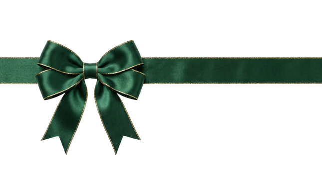 Dark green satin gift bow with gold trim isolated on transparent background