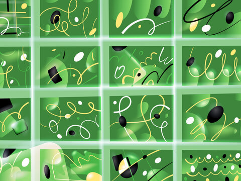 abstract green grid pattern with colorful graphic elements