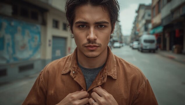 A man in a brown jacket standing on a street, possibly waiting for someone or lost in thought