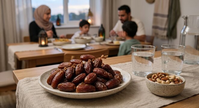 Fresh dates in a ceramic plate on a wooden dining table with water glasses and nuts, with a family sitting together in the blurred background during an evening meal gathering