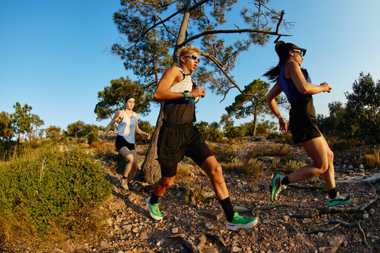 Runners on a trail during sunset in a wooded area