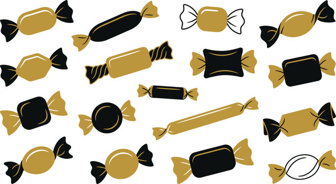 Assorted hard candies in black and golden wrappers scattered on a white background