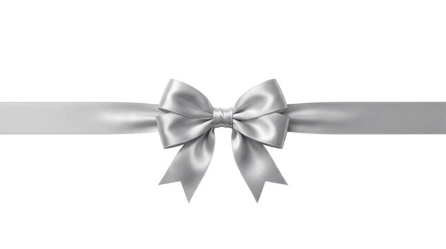 Shiny silver satin gift ribbon bow isolated on transparent background