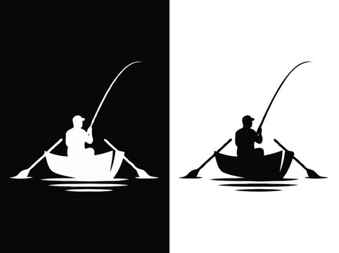 Black and White Silhouette of Angler Fishing from Rowboat Vector