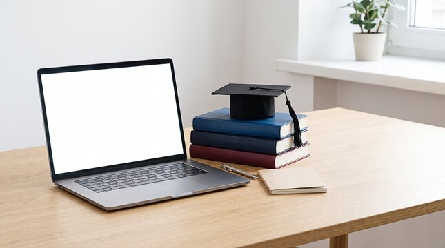 Online education: Open laptop and graduation cap on stack of books on wooden desk, e-learning concept