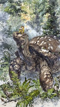 Little boy on giant tortoise back