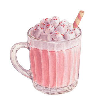 Christmas Pink Hot Chocolate with Marshmallows Watercolor Illustration