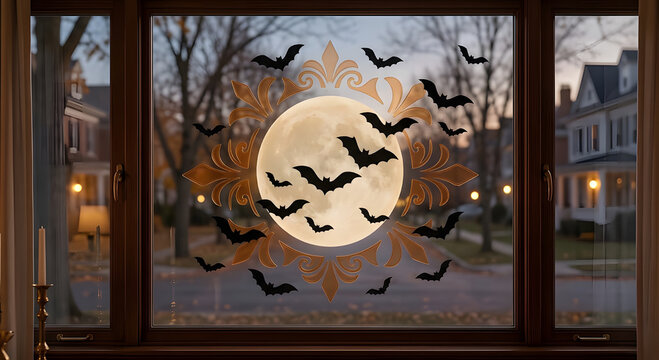 Spooky Halloween window decoration featuring bat silhouettes flying across a full moon decal in a cozy home at dusk.