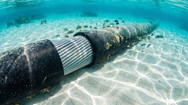 Massive fiber optic communication cable resting on shallow sandy seabed surrounded by clear tropical water and small marine fish
