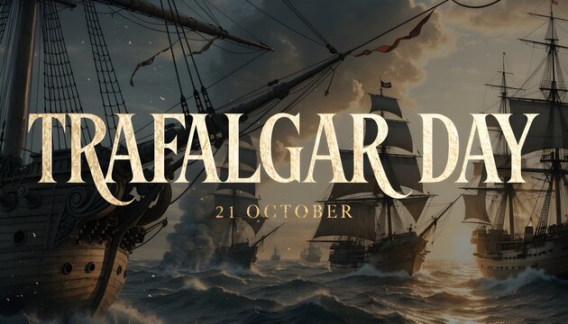 Historical tall ships sailing on the ocean for trafalgar day banner