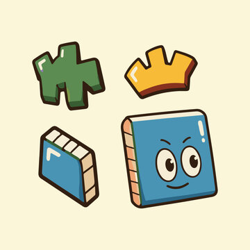 Set of Cute Cartoon Geometric Shapes and Book Character