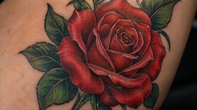 肌に描かれた美しい赤い薔薇のタトゥー