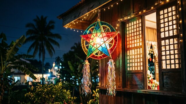 Traditional Filipino Star-Shaped Parol Lantern with Colorful Cellophane and Bamboo Frame Hanging on a Rustic Wooden Window for Simbang Gabi Christmas