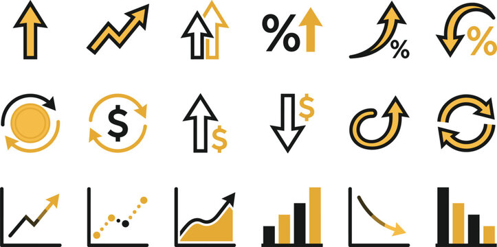 Yellow and black economic trend icons kit presenting stock exchange metrics profit loops and interest rate fluctuations
