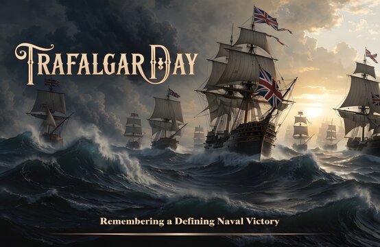 Historical fleet of sailing ships on rough seas for trafalgar day