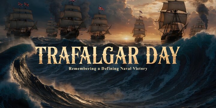 Historical sailing ships on stormy ocean for trafalgar day banner
