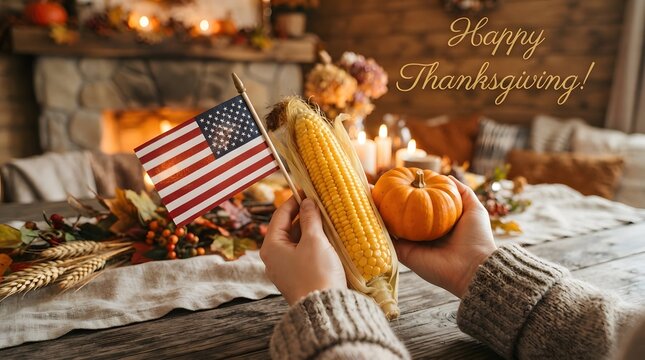 American thanksgiving celebration with person holding corn and small orange pumpkin.