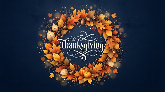 Beautiful thanksgiving wreath with autumn leaves and pumpkins on navy blue background.